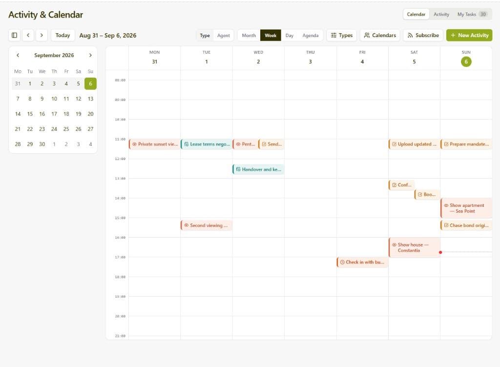 Base calendar week view with colour-coded viewings, tasks and meetings
