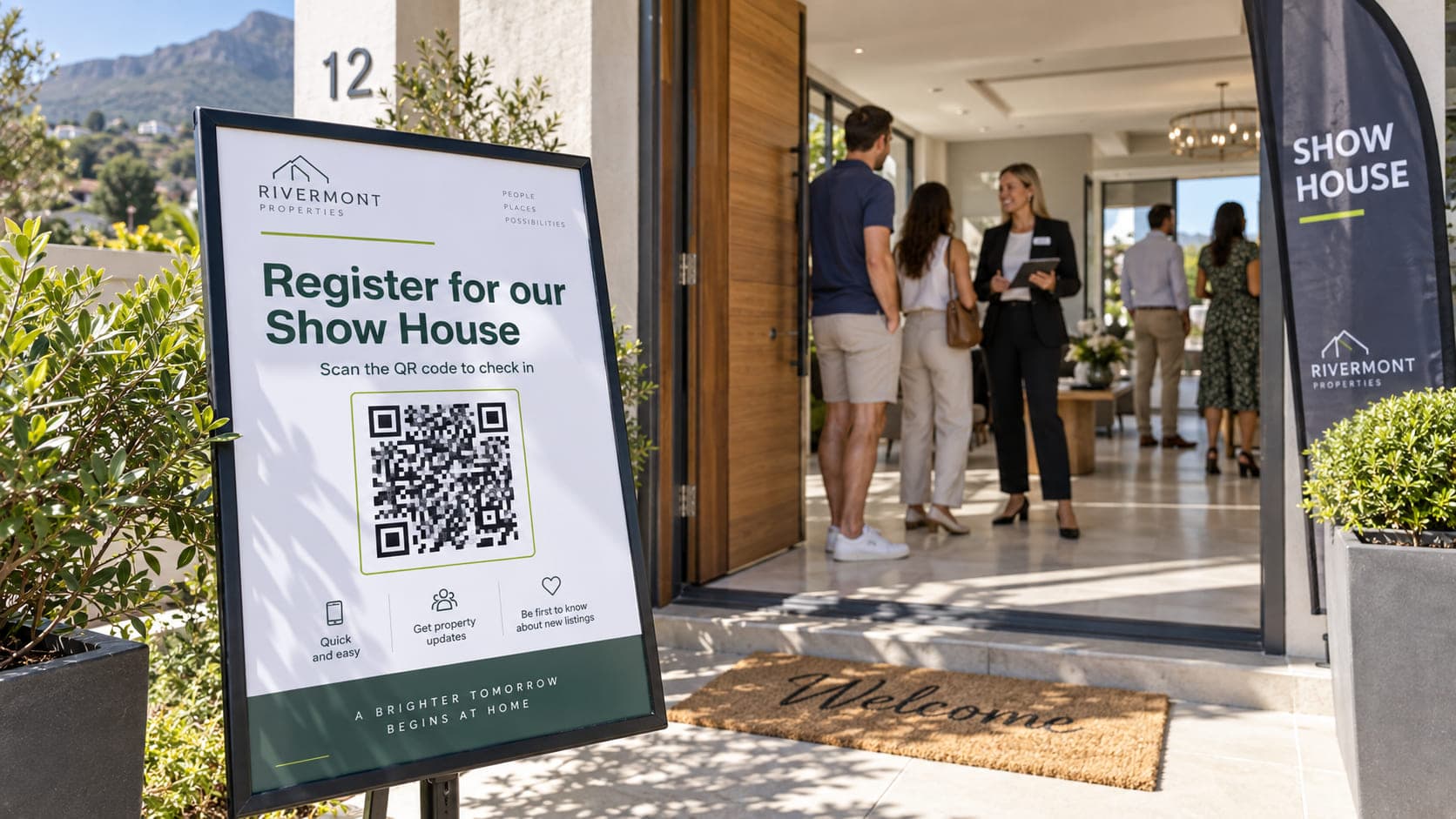 A show house entrance with a Register for our Show House sign, its QR code facing the walkway, and visitors being greeted by an agent at the door