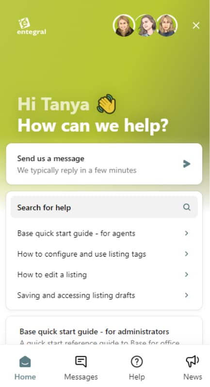 The Entegral support messenger, offering to send a message or search for help